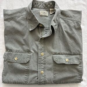 LL Bean Sunwashed Canvas Shirt Mens L Green Short Sleeve Button Up OPD71
